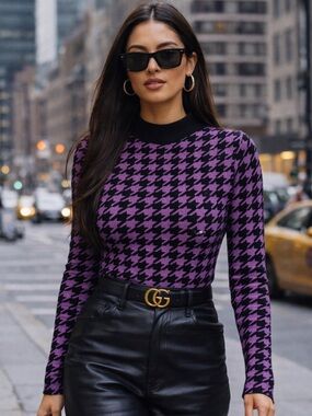 NEW River Island Houndstooth Mock Neck Sweater Shimmer Metallic Mod Retro Sz 10